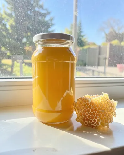 Honey producer, after: the honey jar on a sunny windowsill with honeycomb