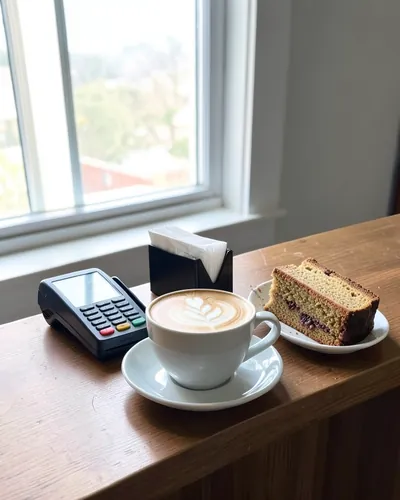 Café, after: the latte by the window with a slice of cake